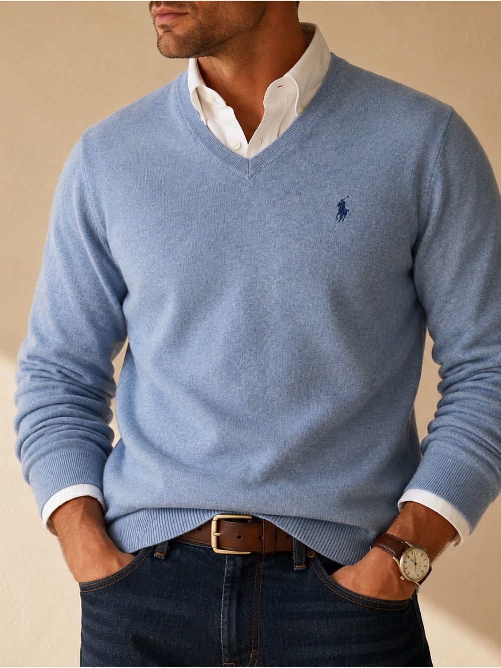 Polo Ralph Lauren Pima Cotton V-Neck Sweater Large Heather Blue Pony
